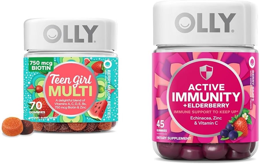 OLLY Teen Girl Multi Gummy, Healthy Skin and Immune Support, 15 Ουσιώδεις Βιταμίνες, 70 Count Gummy Active Immity+Elderberry, 45 Gummies, Berry Flavor