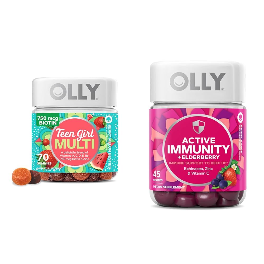 OLLY Teen Girl Multi Gummy, Healthy Skin and Immune Support, 15 Ουσιώδεις Βιταμίνες, 70 Count Gummy Active Immity+Elderberry, 45 Gummies, Berry Flavor