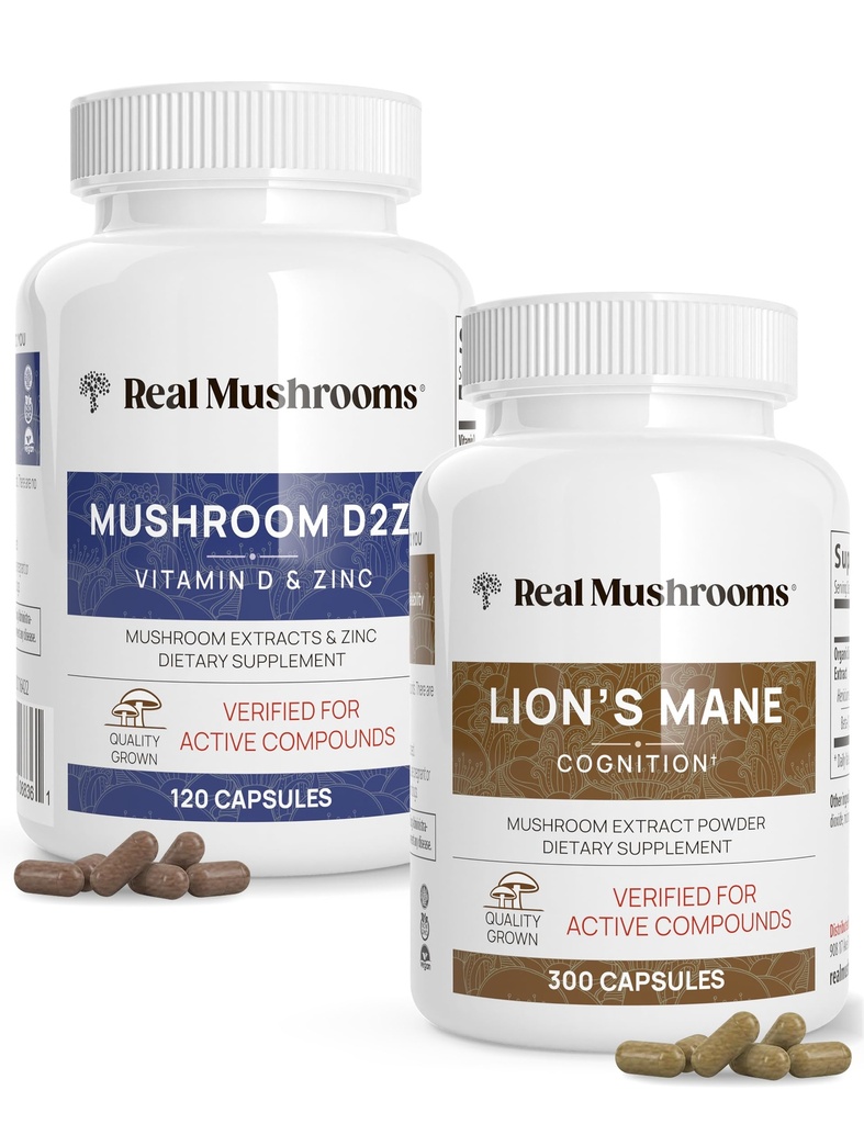 Real Mushrooms Vitamin D2, Zinc, Chaga, Reishi (120ct) και Lion's Mane (300ct) Bundle - Ανοσία και Γνωστική Υποστήριξη, Χηλικός Ψευδάργυρος για Βελτιωμένη Απορρόφηση - Vegan, Χωρίς Γλουτένη, Μη ΓΤΟ