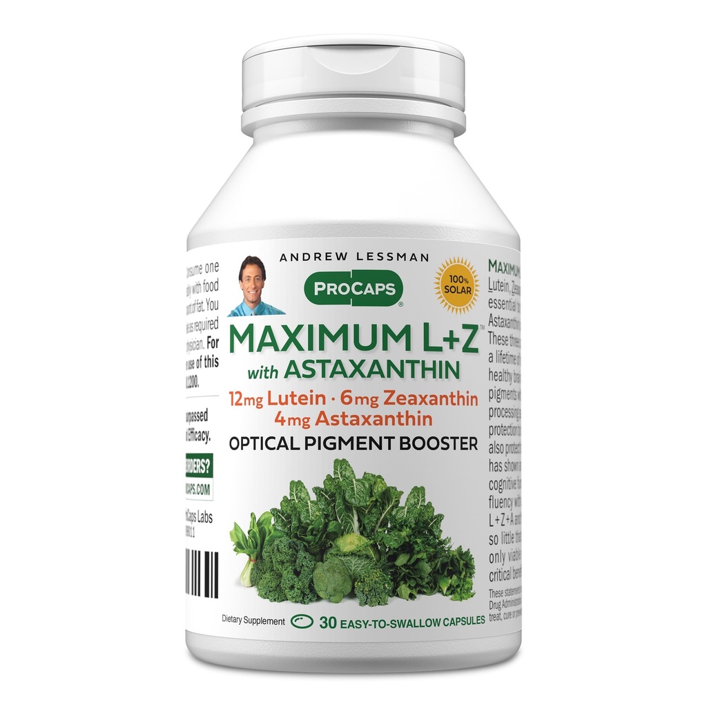ANDREW LESSMAN Μέγιστο L+Z με Ασταξανθίνη 30 Softgels - 12mg Lutein, 6mg Zeaxanthin, 4mg Ασταξανθίνη. Βασικά θρεπτικά συστατικά για την υποστήριξη της υγείας των ματιών και του εγκεφάλου, και την προώθηση της υγιούς όρασης.