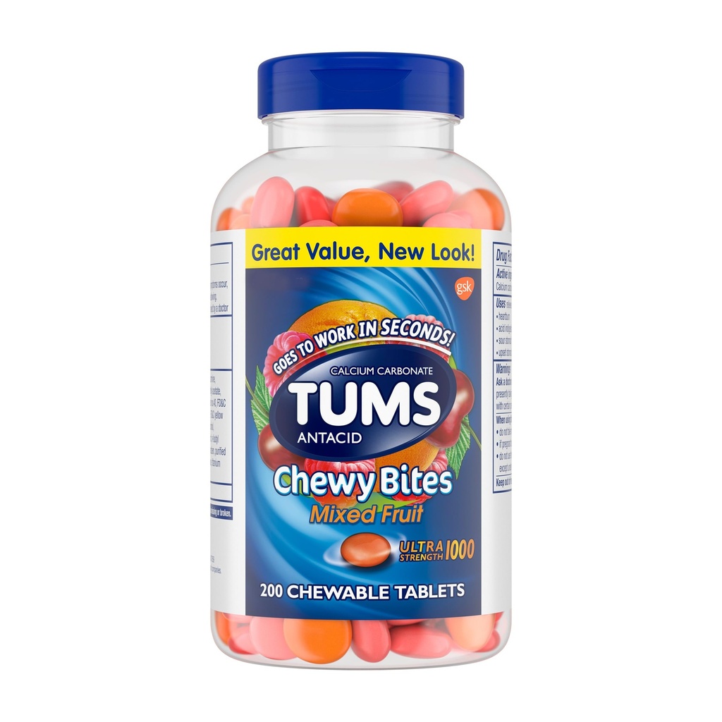 TUMS Chewy Bites Chewable Antacid Tables for Ultra Strength Heartburn Relief, Great for a Summer BBQ- Mixed Fruit - 200 Count