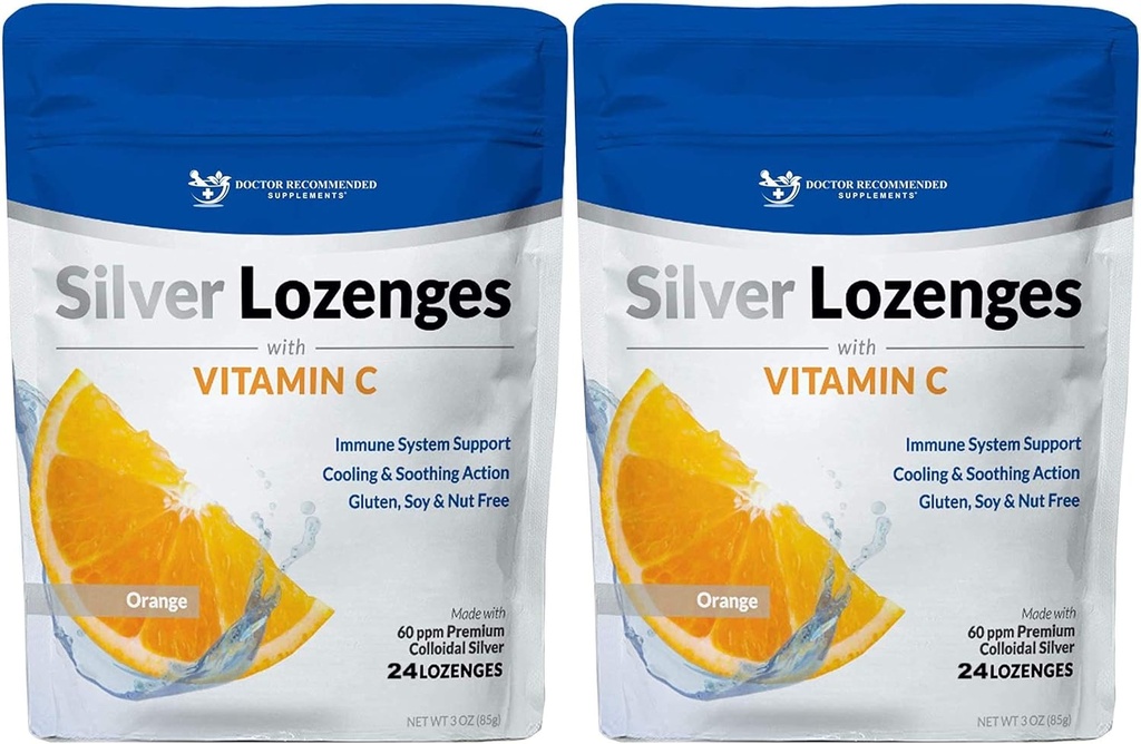 Ασημί Lozenges με Βιταμίνη C - Premium Nano Silver 60 PPM Κολλοειδές Ασημί, Βιολογικό Μέλι και Βιταμίνη C Ορυκτό συμπλήρωμα σταγόνες για την υποστήριξη του ανοσοποιητικού συστήματος, Βήχας & Λαρύγγι - Συσκευασία των 2