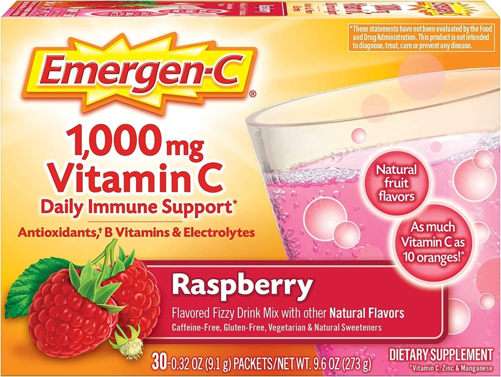 Alacer Emergen-C Βιταμίνη C Fizzy Drink Mix Raspberry - 1000 Mg - 30 συσκευασίες