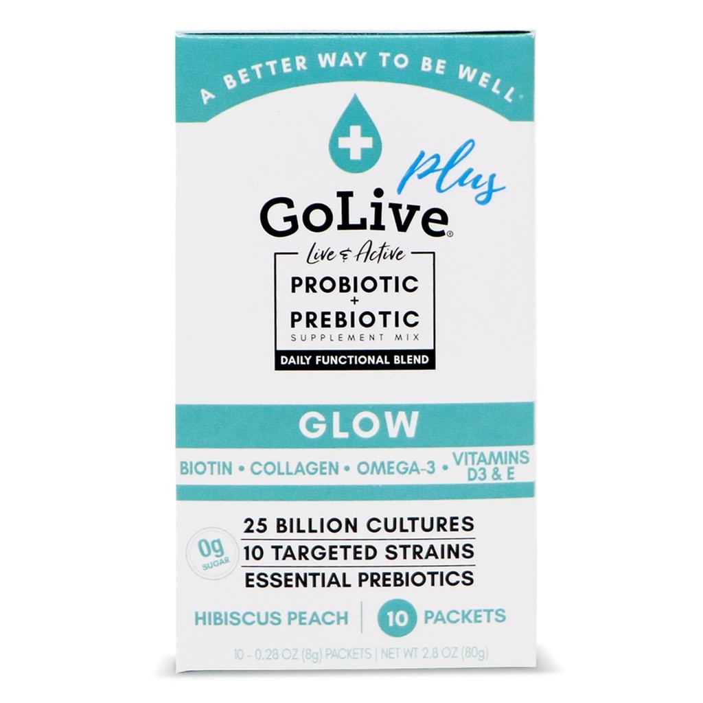Golive Probiotics & Prebiotics for Women and Men Glow for Beauty, Sugar-Free Synbiotic Powder. +25 Blion CFUs; 10 Clinical Strains for Healthy, Immune & Digestive Health, 10 Count (Pack of 1)