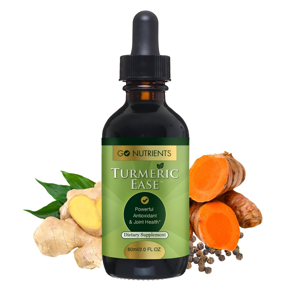 Go Nutrients Turmeric Ease - Liquid Turmeric Drops Supplement with Ginger | The Trikatu Trio: Turmeric Drops with Ginger & Black Pepper for Joint Comfort, Digestion & Absorption Support