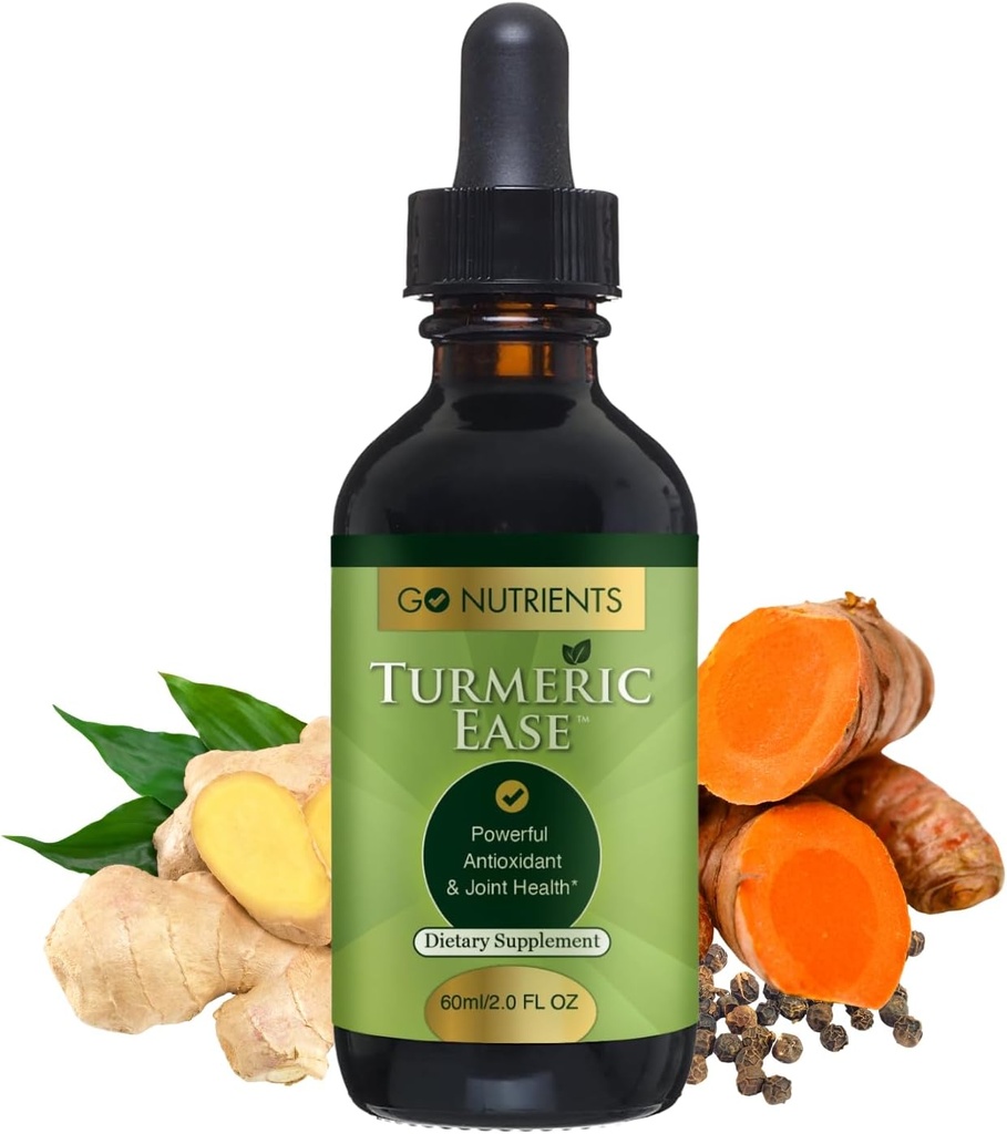 Go Nutrients Turmeric Ease - Organic Turmeric Supplement with Curcumin, Ginger & Black Pepper – Υγρές σταγόνες Εκχύλισμα Βάμμα για Γρήγορη Απορρόφηση – Υποστηρίζει Κοινή Υγεία & Ανοσολογική Άμυνα – 2oz