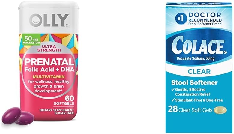 OLLY Ultra Strength Προγεννητική πολυβιταμίνη Softgels με την υποστήριξη ανάπτυξης εγκεφάλου + Colace Clear Scool Softener κάψουλες, 28 Count