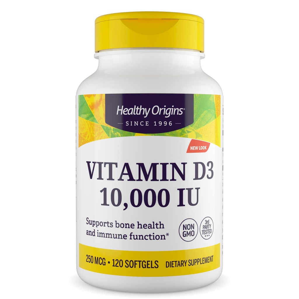 Healthy Origins Vitamin D3 10,000 IU (250mcg), 120 Liquid Softgels - Supports Strong Bones, Healthy Teeth & Immune System Function - Non-GMO, Gluten-Free & Soy-Free