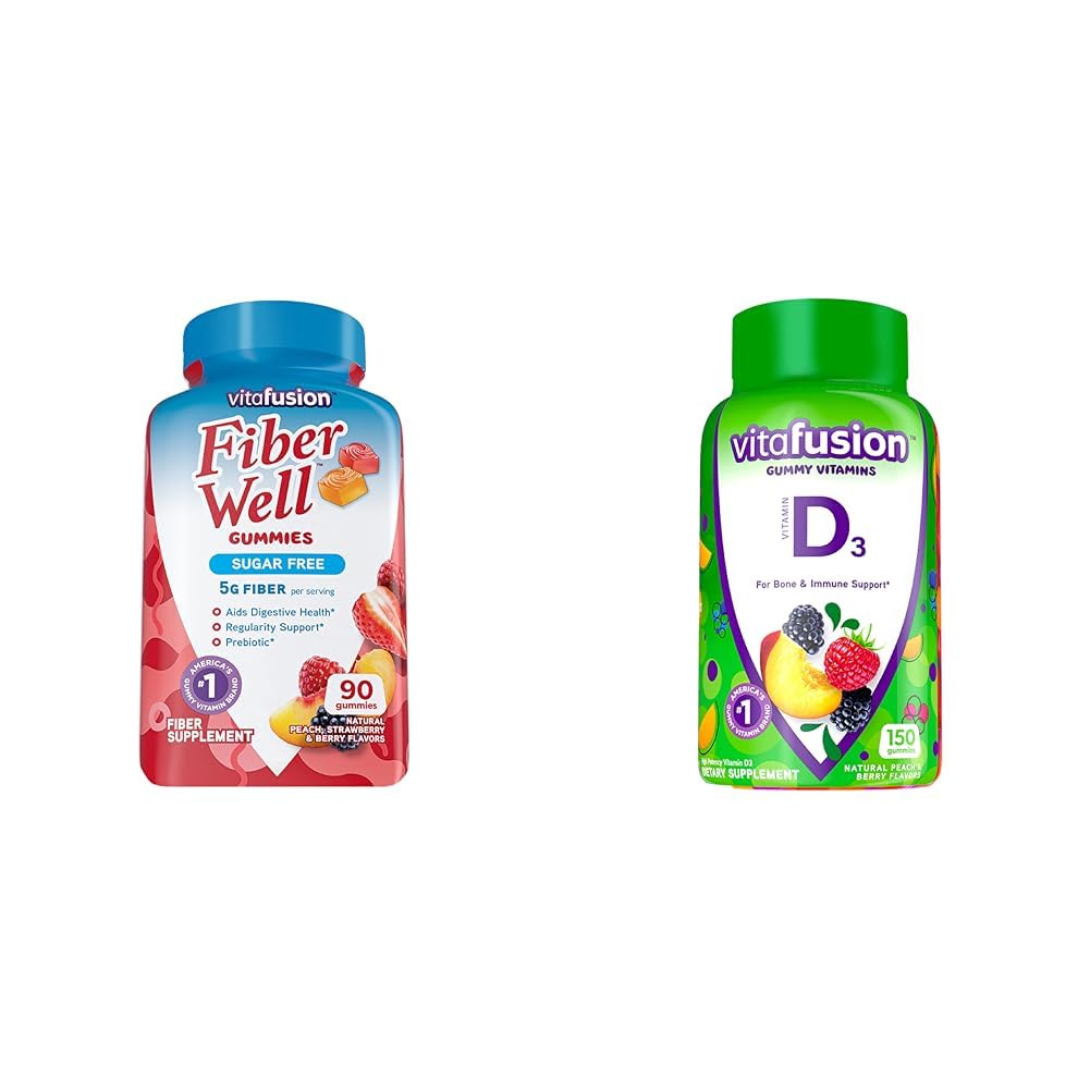 Vitafusion Fiber Well Sugar Free Fiber Supplement & Vitamin D3 Gummy Vitamins for Bone and Immune System Support, Peach, BlackBerry and Strawberry Flavored, 50 mcg Vitamin D, 75 Day Supply, 150 Count