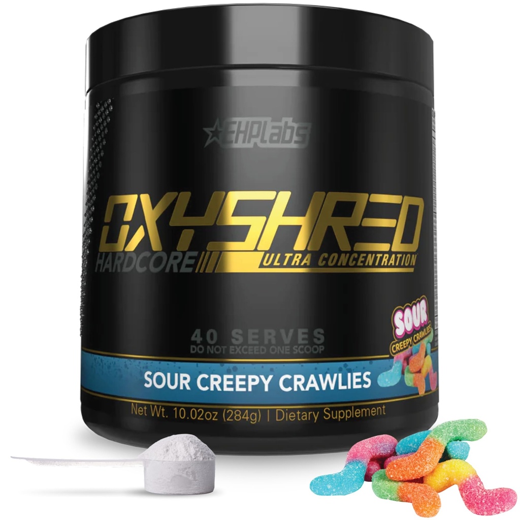 EHP Labs OxyShred Hardcore Super Dosed Pre Dosed Prodout Powder - Preworkout Powder with L Glutamine & Acetyl L Carnitine, Energy Boost Drink - 275mg Caffeine - Sour Crawlies, 40 Servings