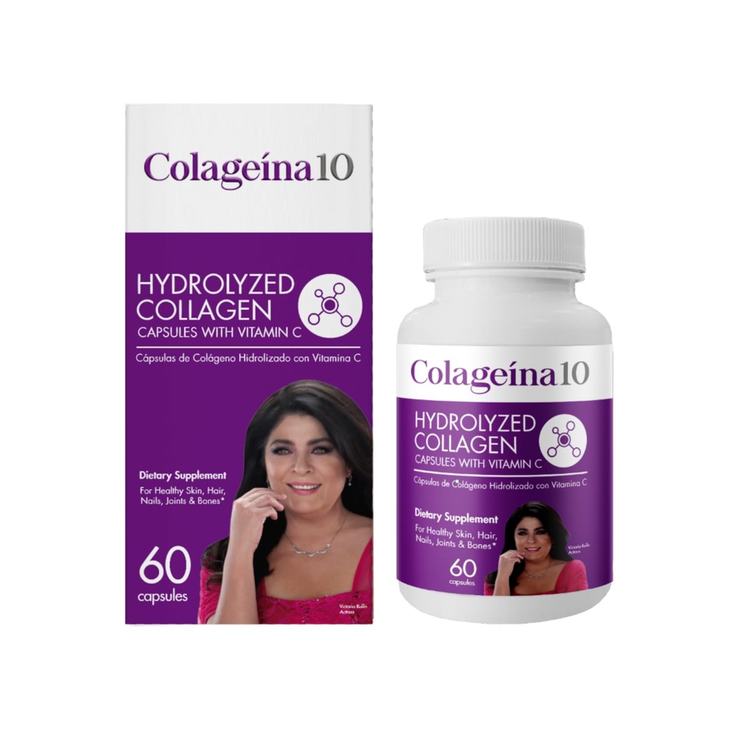 Colageina 10 Υδρολυμένες κάψουλες κολλαγόνου με βιταμίνη C - Συμπλήρωμα διατροφής κατά της γήρανσης για υγιές δέρμα, μαλλιά, νύχια, αρθρώσεις, και οστά - 60 Count