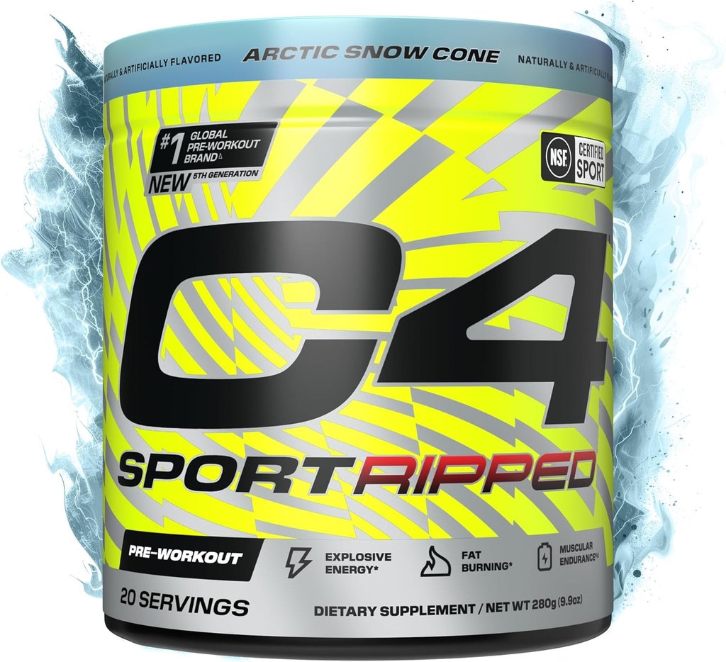 Cellucor C4 Ripped Sport Pre Workout Powder - NSF Certified for Sport - 200mg Caffeine + Cayenne Extract + Carnitine Tartrate + Beta-Alanine - Artic Snow Cone, 20 Servings