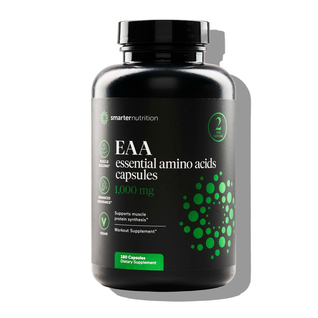 SMARTERNUTRITION Essential Amino Acids (EAA) Κάψουλες - 1 γραμμάριο ανά υπηρεσία όλων των 9 EAA - Υποστηρίζει μυϊκή μάζα & άσκηση - μη GMO, Vegan, χωρίς γλουτένη - 180 Count[90-Day Supply]