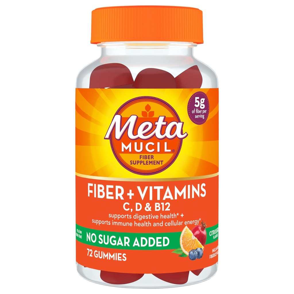 Metamucil Fiber Supplement 72 Gummies, Fiber + Βιταμίνες C,D & B12 χωρίς Ζάχαρη Προστέθηκε, Υποστήριξη Digestive heelt + Υποστήριξη Ανοσοποιητική Υγεία, Citrus Berry Flavor.