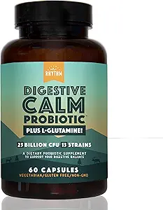 Φυσικό Rhythm Digestive Calm Probiotic (Plus L-Glutamine) 25 Δισεκατομμύρια CFU και 13 Strains. - Φυσική Υποστήριξη για Καλύτερη Πέψη - για Μπλόφα & Δυσκοιλιότητα + Αρωγή Αερίου & Λίπη Gut - 60 Κάψουλες.