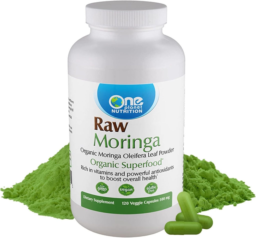 One Planet Nutrition Moringa 500 mg Κάψουλες Veggie (120 Servings), Ακατέργαστο Βιολογικό Φύλλο Moringa, Συσκευασμένο με Βιταμίνες, Ορυκτές και Φυτικές Πρωτεΐνη για Διατροφική Υποστήριξη, Μη ΓΤΟ, Vegan, Χωρίς Γλουτένη