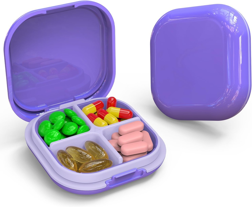 Daily Pill Organizer 4 Διαμερίσματα, Μικρό κουτί χάπια Φορητή θήκη ταξιδιών, Mini Pill Container για Pocket, Compact Travel Medicine Organizer για Βιταμίνη, Cod Liver Oil, Συμπλήρωμα (Purple)