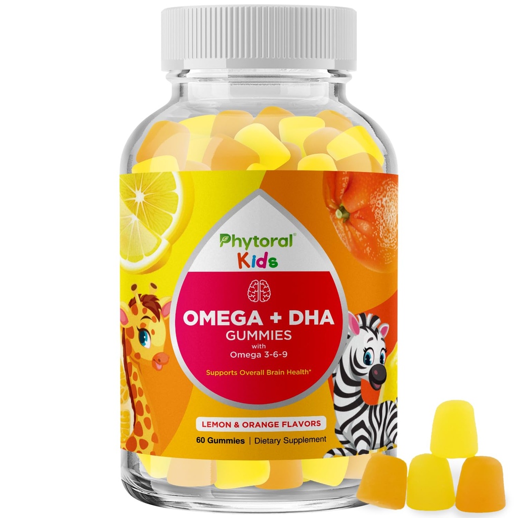 Παιδιά Omega και DHA Gummies - Λιπαρά Οξέα Ωμέγα 3 6 9 με Βιταμίνη C για Όραμα - Διατροφική DHA για Παιδιά για Υγιεινό Νευρικό Σύστημα & Υποστήριξη Εστίασης - Fish Free - 60 Count
