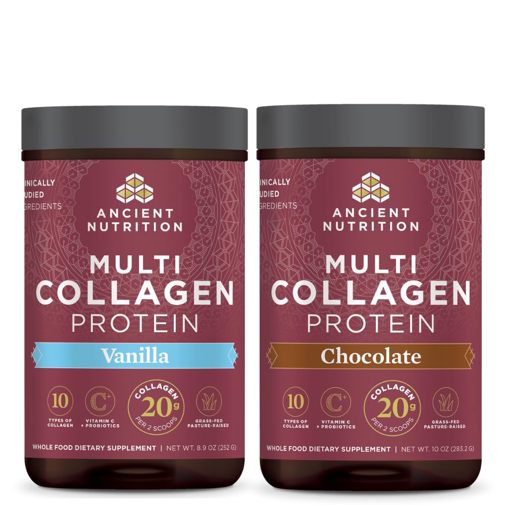 Ancient Nutrition Multi Collagen Protein Powder, Βανίλια, 24 σέρβις + Multi Collagen Protein Powder, Σοκολάτα, 24 σέρβις