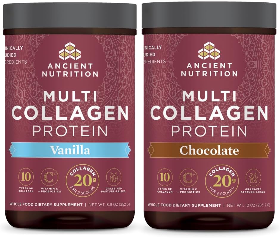 Ancient Nutrition Multi Collagen Protein Powder, Βανίλια, 24 σέρβις + Multi Collagen Protein Powder, Σοκολάτα, 24 σέρβις