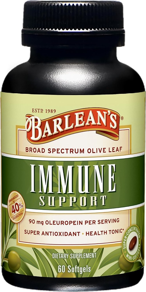 Barlean's Olive Leaf Complex Softgels Immune Support Supplement με 90 mg Oleuropein Antioxidants, Συμπυκνωμένη υγεία της καρδιάς και αμνησία Booster χάπια, 60 Count