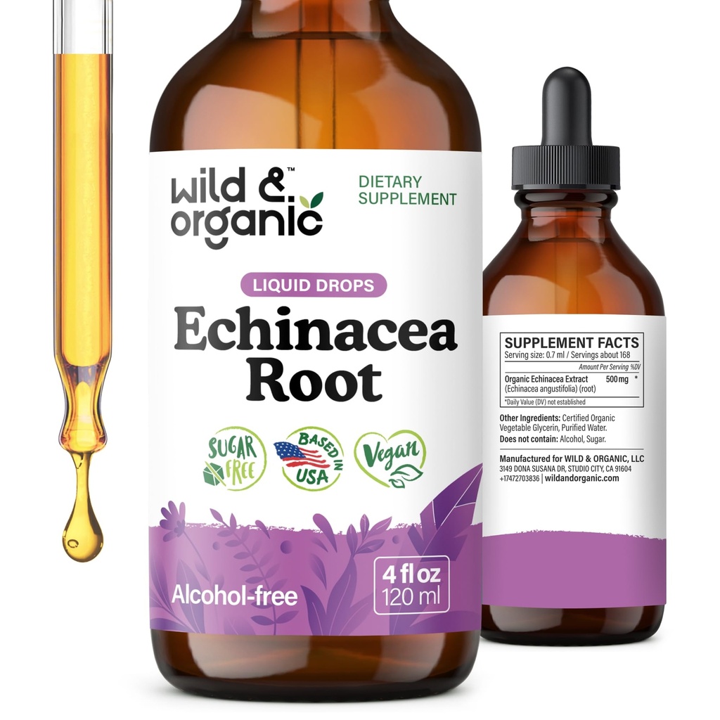 Άγριες & Βιολογικές σταγόνες Echinacea - Ανοσοποιητικό συμπλήρωμα υποστήριξης με Echinacea Angustifolia - Υγρό εκχύλισμα ρίζας Βάμμα - Vegan, Ζάχαρη & Αλκοόλ-ελεύθερο - 4 fl oz