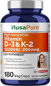 NusaPure Βιταμίνη K2 (MK7) (200mcg) + Βιταμίνη D3 (10000 IU) 180 Veg Caps - Βιοπερίνη, Χωρίς σόγια, Μη ΓΤΟ