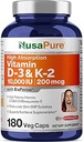 NusaPure Vitamin K2 (MK7) (200mcg) + Vitamin D3 (10000 IU) 180 Veg Caps - Bioperine, Soyfree, Non-GMO
