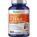 NusaPure Vitamin K2 (MK7) (200mcg) + Vitamin D3 (10000 IU) 180 Veg Caps - Bioperine, Soyfree, Non-GMO