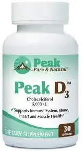 Peak Pure & Natural Peak D3 - Calciferol Vitamin D3 5.000 IU - Ανοσοποιητική Υποστήριξη - Υποστήριξη Heart Health - Ενισχύστε την Ενέργεια - Καθημερινή Βιταμίνη για Ενήλικες 