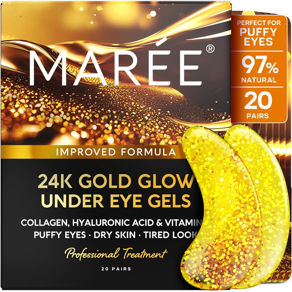 MAREE 24k Gold Under Eye Gels for Dark Circles and Puffness - Κολλαγόνο & Υαλουρονικό Οξύ Skincare Gel Pads - Gold Eye Patches for Puffy Eyes and Dark Circles - Under Eye Masks - Travel Essentials