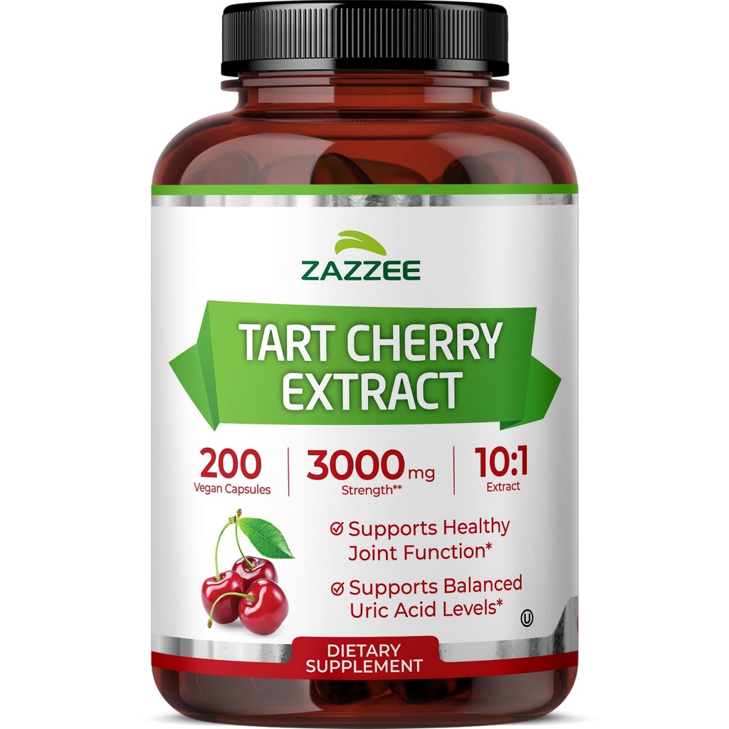 Zazzee Tart Cherry 10:1 Extract, 200 Vegan Capsules, 6+ Month Supply, Montmorency Cherry, Certified Kosher, Joint & Uric Acid Support, Antioxidant Support Formula, Non-GMO, Made in the USA