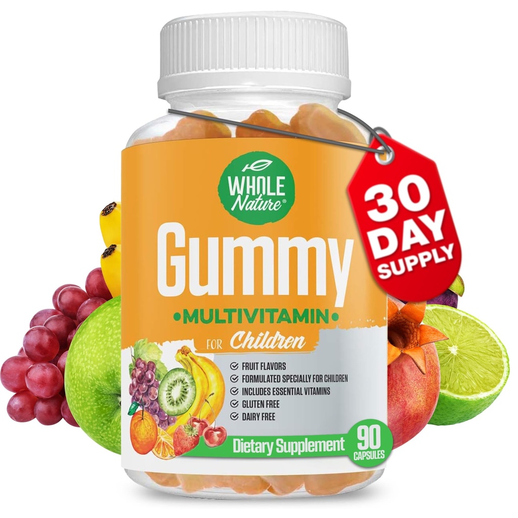 Παιδική Gummy Multivitamin - Πλήρης Καθημερινή Απαραίτητα Παιδικές Βιταμίνες και Ορυκτά για τη συνολική ευεξία, 90 Gummies. Γεύση φρούτων, χωρίς τεχνητή ζάχαρη, γαλακτοκομικά και χωρίς γλουτένη