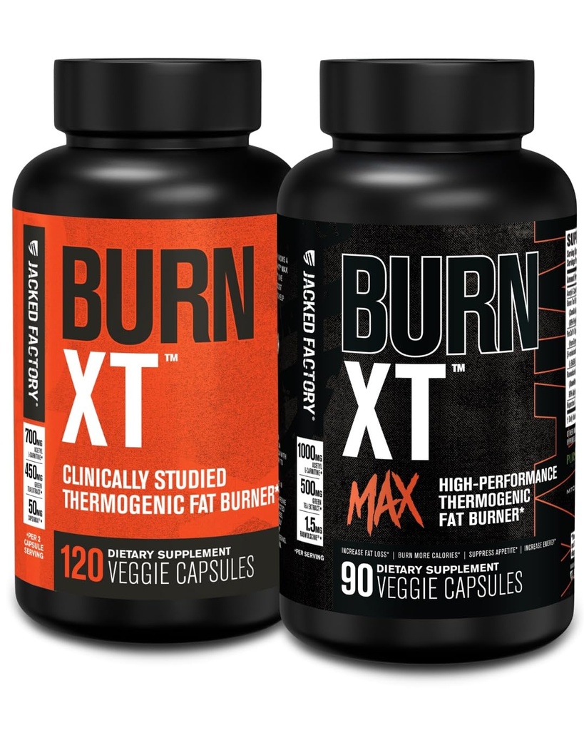 Jacked Factory Burn-XT Clinically Studied Fat Burner & Weight Loss Supplement (120 Capsules) & Burn XT Max High-Performance Fat Burner & Appetite Suppresant (90 Capsules)