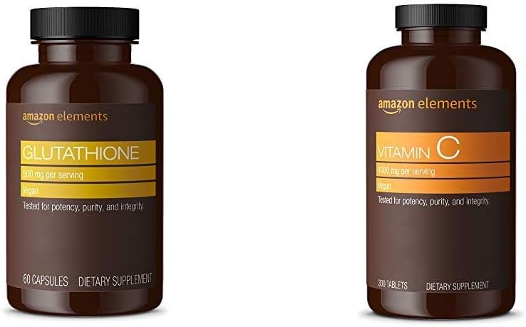   Elements Glutathione, 500mg, 60 Capsules, 2 Month Supply & Vitamin C 1000mg, Vegan, 300 Tablets, 10 Month Supply
