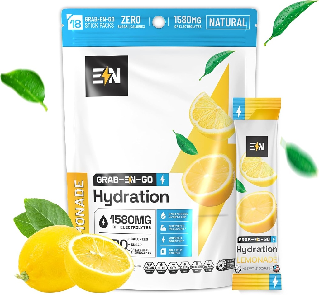 Engineered Nutrition Sugar-Free Electrolyte Powder Packets - Lemonade Flavor - Keto Hydration Packets w/Magnesium, Potassium & Sodium - Zero Calorie, Vegan, Non-GMO, Gluten-Free - 18 Single Servings