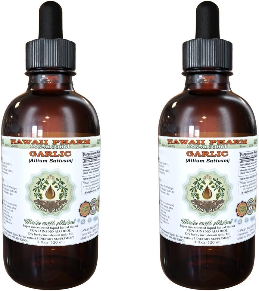 Garlic Alcohol-Free Liquid Extract, Organic Garlic (Allium sativum) Dried Powder Glycerite Hawaii Pharm Natural Herbal Supplement 2x2 oz