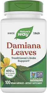Nature's Way Damiana Leaves, Traditional Libido Support*, 600 mg ανά 2-Capsule Serving, Μη-GMO Project Επαληθευμένο, Vegan, 100 Κάψουλες (Packing May Vary)