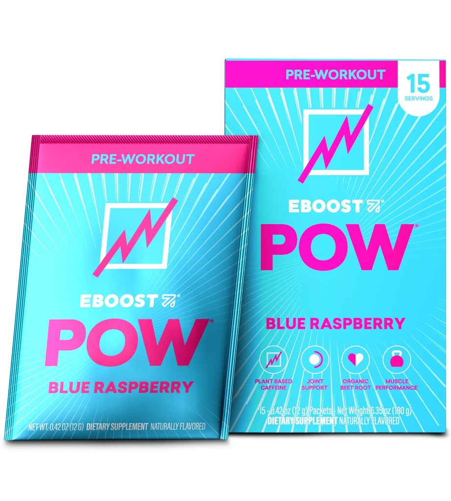EBOOST POW Φυσική προ προπόνησης σε σκόνη - 15 πακέτα, μπλε σμέουρο - Preworkout Energy Booster Γυμναστήριο συμπλήρωμα ποτό Mix για άνδρες και γυναίκες - Απόδοση, κοινή υποστήριξη κινητικότητας - Χωρίς γλουτένη