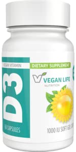 Διατροφή Ζωής Vegan - Βιταμίνη D3 Καθημερινή Κάψουλες για Ενήλικες (1000 IU) - Χωρίς γλουτένη, Μη ΓΤΟ, Υποστηρίζει την Υγεία των οστών και το ανοσοποιητικό σύστημα - 60 Κάψουλες