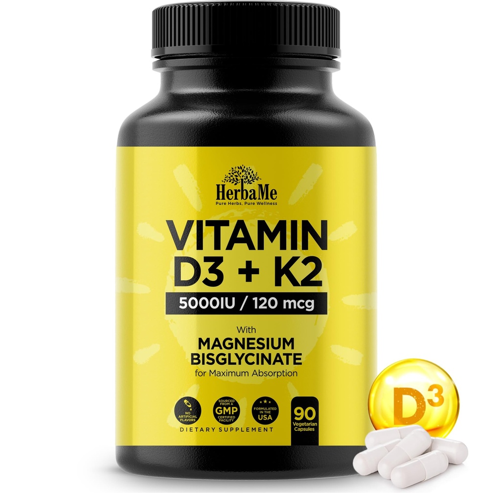 HerbaMe Vitamin D3 5000 IU + K2 with Magnesium Bisglycinate | Complete D3 Activation & Absorption Support Formula | Bone, Muscle & Immune Wellness | 90 Capsules