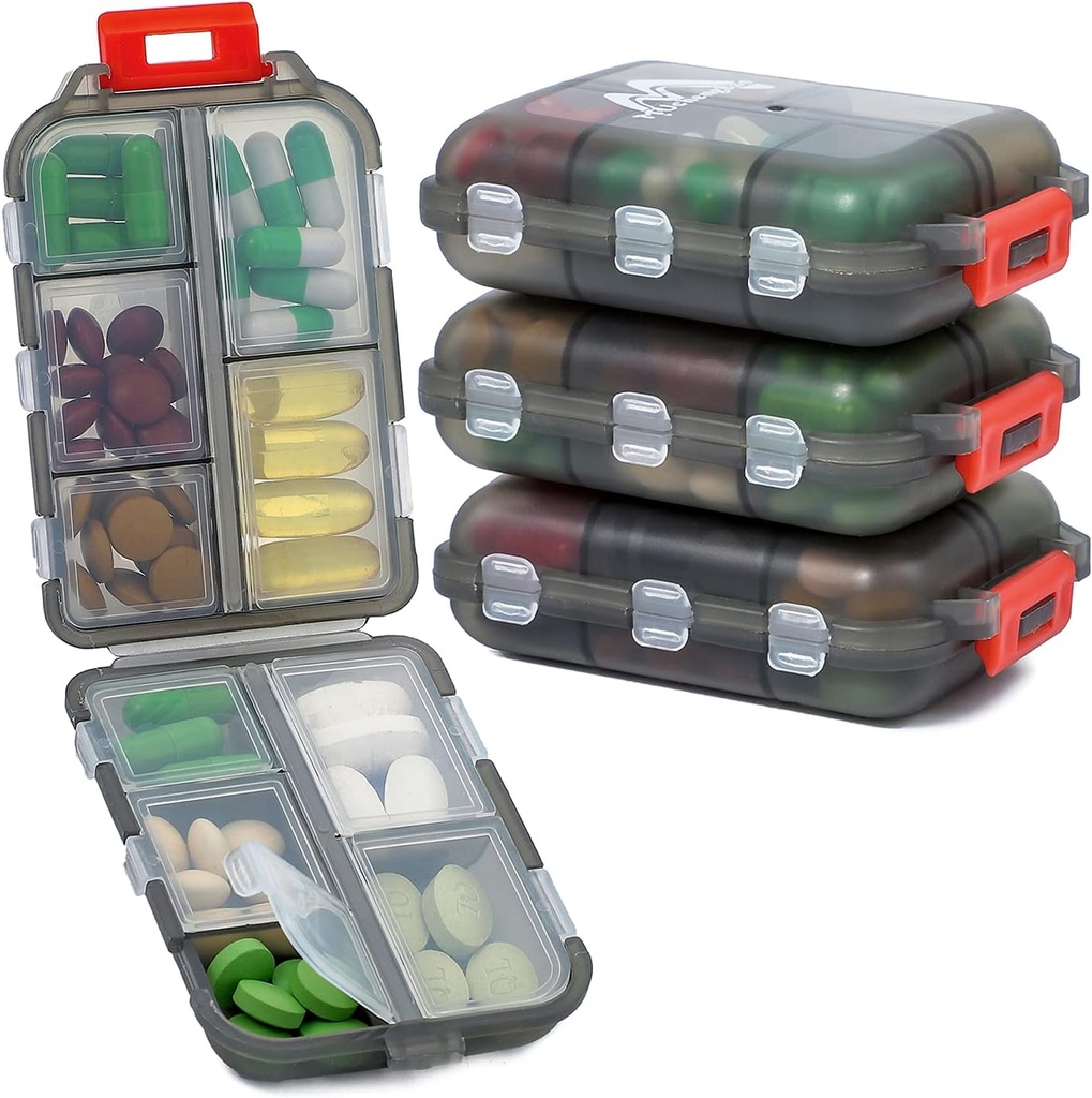 4PS Travel Pill Organizer με 164 Slice Labels, 10 διαμερίσματα Travel Pill Box Φορητό αναδιπλούμενο μικρό Pill θήκη καθημερινή Pill Container Χρησιμοποιείται για τη μεταφορά Αποθήκευση Medicine Organizer από M Muchengbao (Grey)