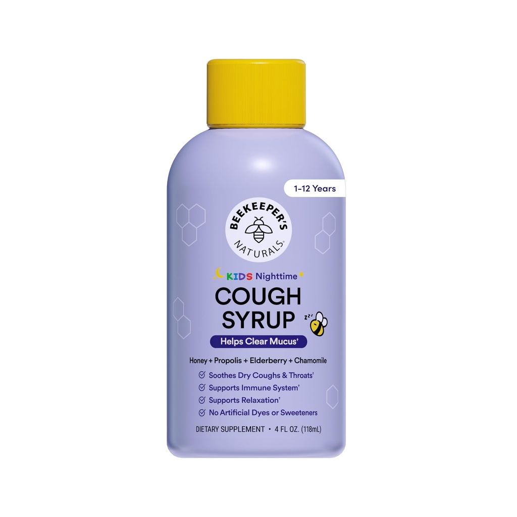 Beekeeper's Naturals Propolis Honey Cough Syrup Nighttime for Kids Immune Support with Propolis, Elderberry & Raw Honey - Υποστήριξη ύπνου με χαμομήλι & L-Theanine - Χωρίς γλουτένη, 4 oz.