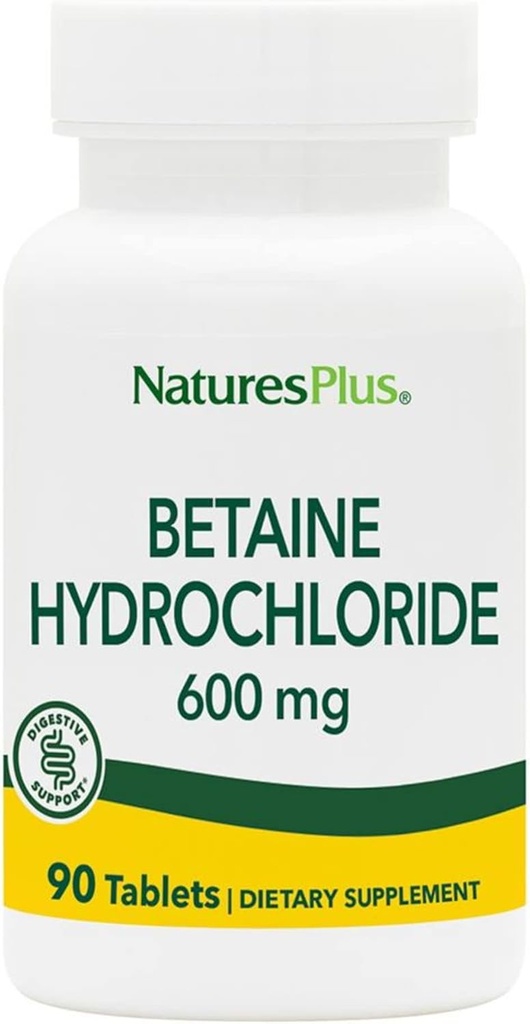 NaturesPlus Betaine HCl (Υδροχλωρίδιο) - 600 mg, 90 δισκία - Συμπλήρωμα υποστήριξης Digestive, Ανακουφίζει τα συμπτώματα του περιστασιακού καψίματος & δυσπεψίας - Hypoallergenic, Gluten-free - 90 Servings