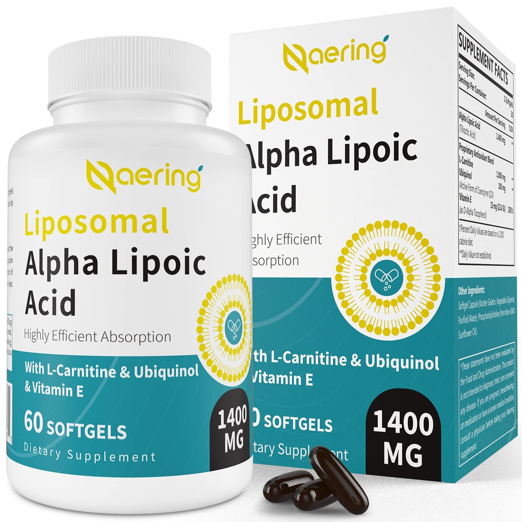 Liposomal Alpha Lipoic Acid 1400mg Softgels, ALA Supplement with L-Carnitine 1000mg, Ubiquinol (Active CoQ10) 100mg and Vitamin E 10mg,Alpha-Lipoic Acid for Antioxidants, Nerve, Energy 60 Softgels