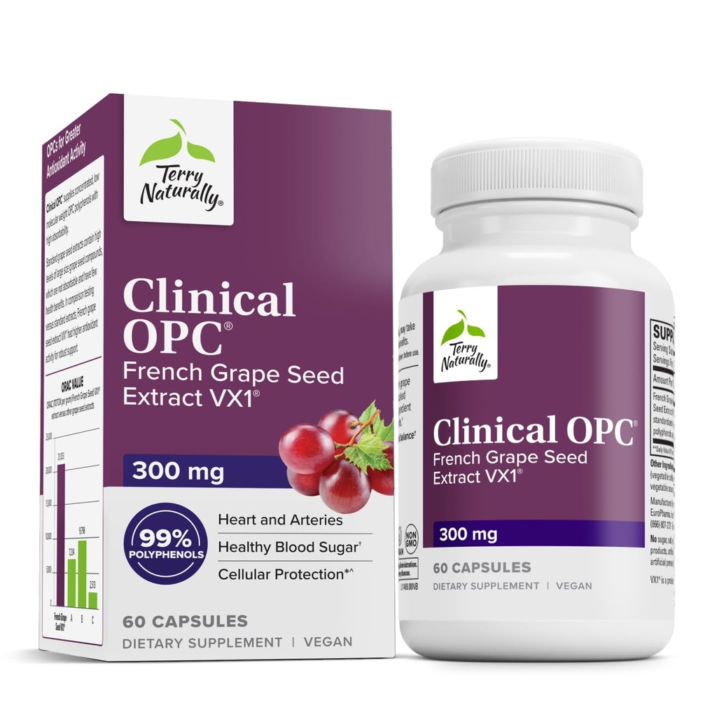Terry Φυσικά Κλινική OPC - Καρδιαγγειακή Υγεία & συμπλήρωμα υποστήριξης εστίασης - Συμπλήρωμα διατροφής με εκχύλισμα σπόρων σταφυλιών & λεκιθίνη ηλίανθου - Συμπλήρωμα υποστήριξης ανοσοποιητικών - 300 mg, 60 Softgels