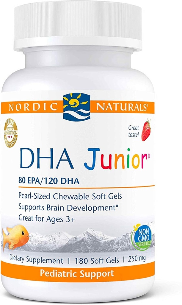 Nordic Naturals Pro DHA Junior, Strawberry - 180 Mini Chewable Soft Gels - 250 mg Σύνολο Omega-3s με EPA & DHA - Ανάπτυξη εγκεφάλου & Οπτική Λειτουργία - Μη-GMO - 45 Υπηρεσίες