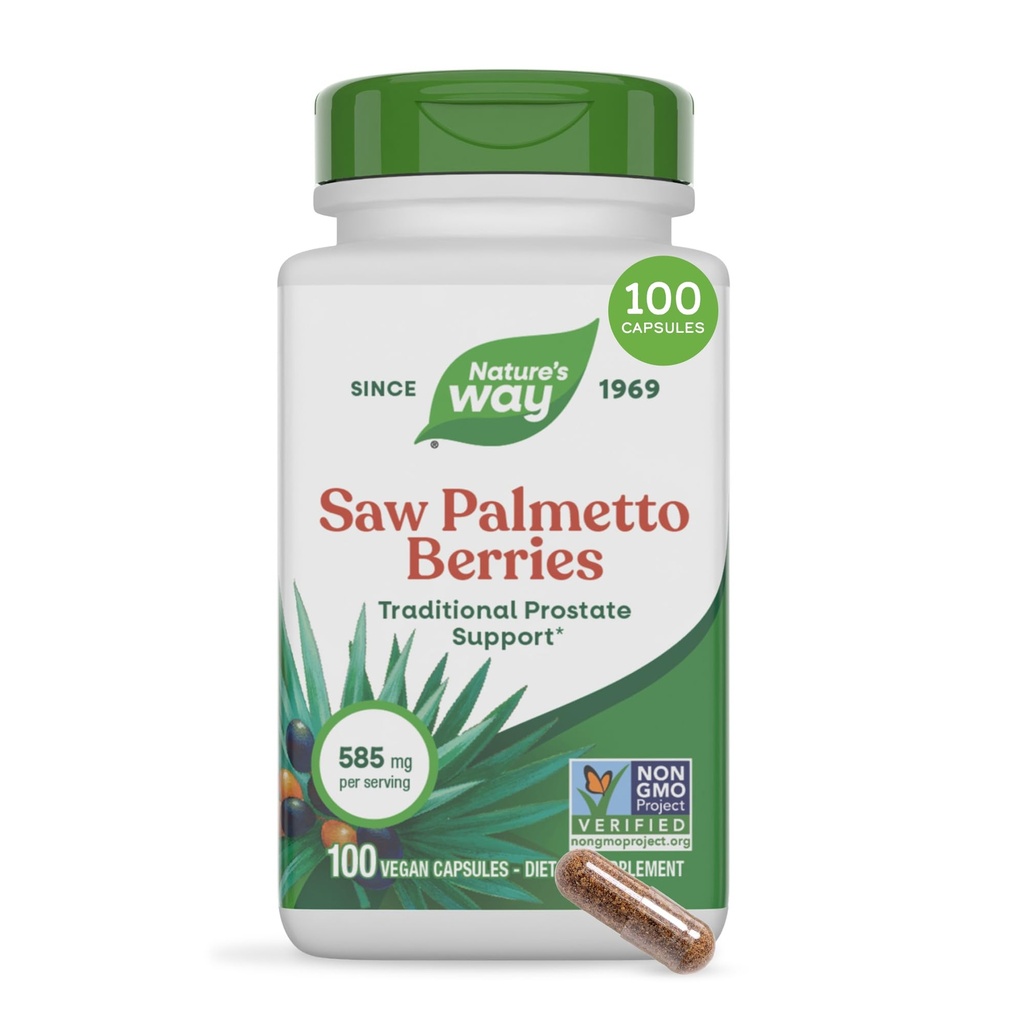 Nature's Way Saw Palmetto Berries, Traditional Prostate Support*, 585 mg ανά μερίδα, Μη ΓΤΟ Έργο Επαληθευμένο, Vegan, 100 κάψουλες (Packaging May Vary)