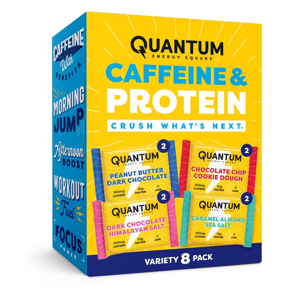 Quantum Energy Square: Energy Bar με καφεΐνη & 10g πρωτεΐνη. Delicious Healthy Snack On The Go. (Βεγκαν, χωρίς γλουτένη, χωρίς σόγια, χωρίς γαλακτοκομικά) (Variety 8-Pack)
