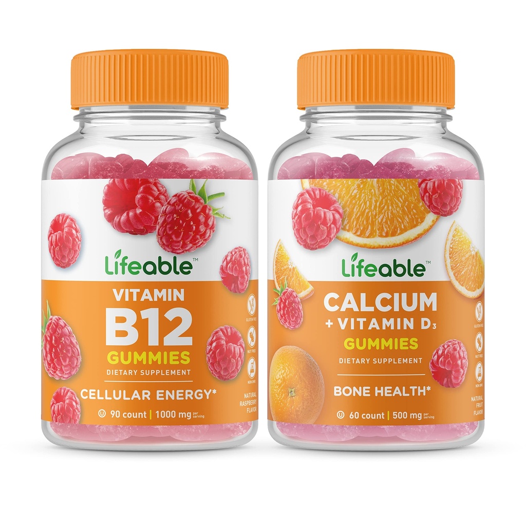Ζωηρή βιταμίνη B12 + Ασβέστιο με βιταμίνη D, Gummies Bundle - Μεγάλη γεύση, Συμπλήρωμα βιταμίνης, Χωρίς γλουτένη, Χωρίς ΓΤΟ, Μασώμενα